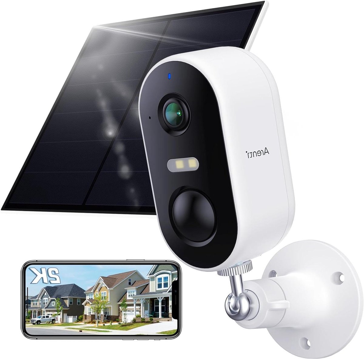 Bewakingscamera voor buiten - Accu camera - Veiligheid thuis - Met zonnepaneel - 1080p HD - Wit