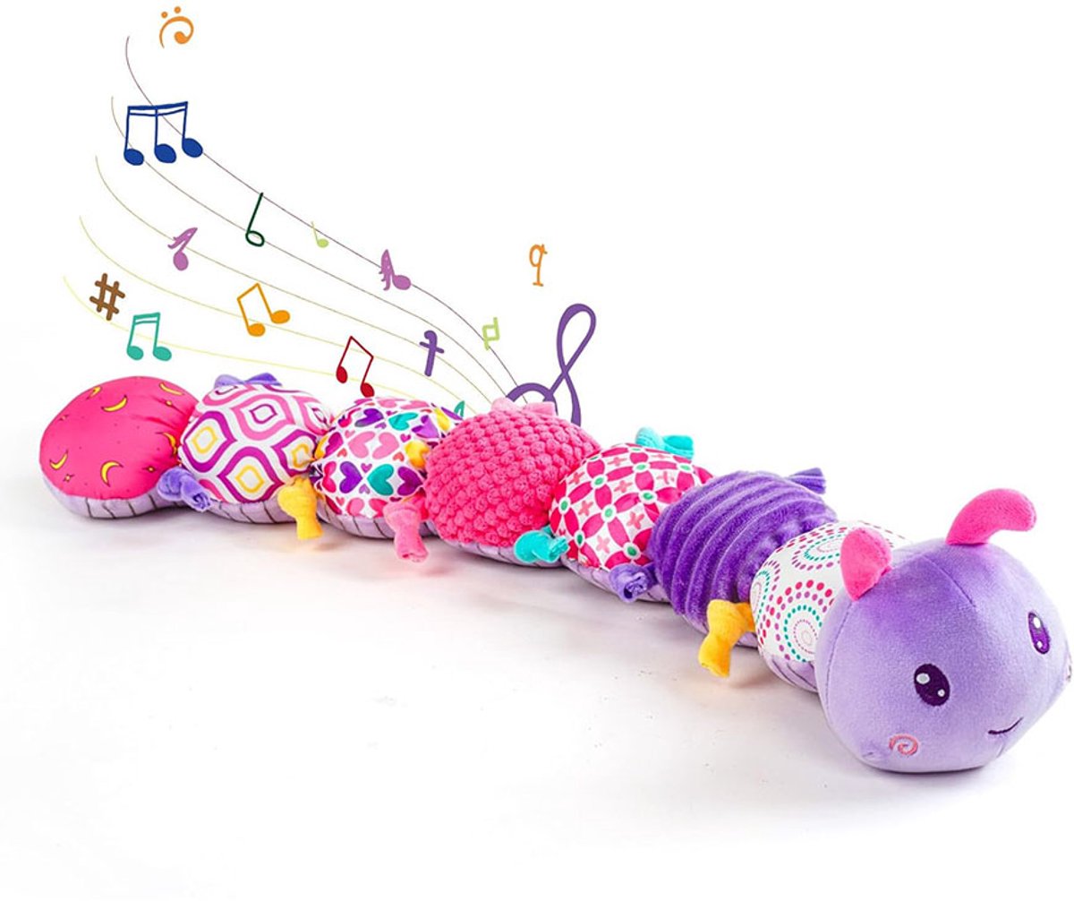 Baby Sensorische Rups - Muziek & Rammelaar - 60 cm Knuffel - Bijtring & Knispergeluid - Educatief Babyspeelgoed - Baby Cadeau
