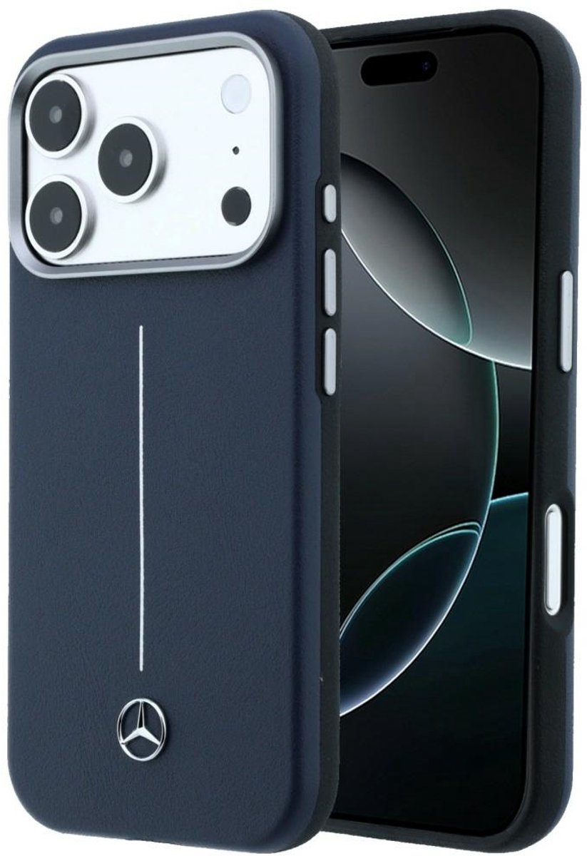 Mercedes Leather Semi Wrap Iconic Line MagSafe Hoesje voor iPhone 17 Pro Donkerblauw