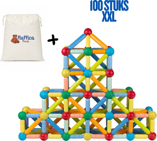 Fluffica Minds - 100 Delig Magnetische Bouwset - XXL - Magnetisch Speelgoed - Bouwstaafjes en Ballen - Educatief STEM Speelgoed - Constructiespeelgoed voor Kinderen - Sterke Magneten