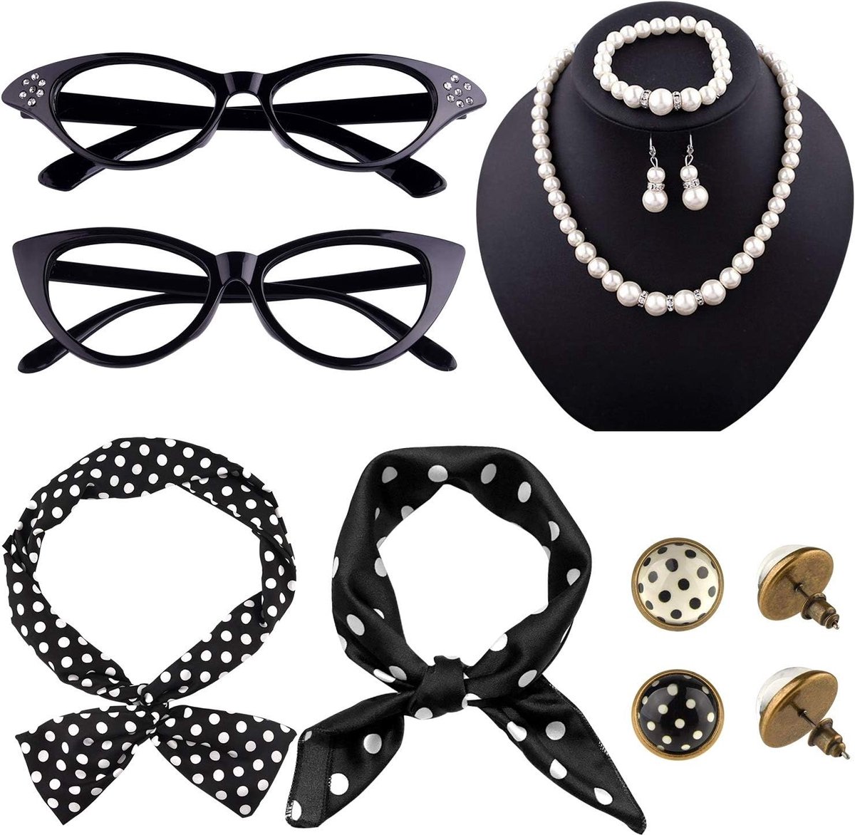 12-delige jaren '50 kostuumaccessoireset met kattenoogbril, stippenoorbellen en sjaal voor retro feesten