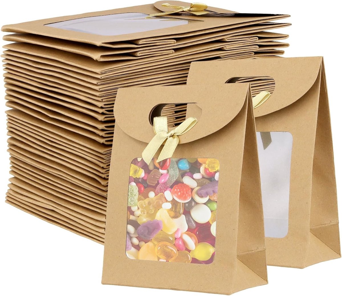 50 Stuks Kraftpapier Geschenkzakken met Doorzichtig Venster voor Verpakking, 16 x 12 x 6 cm, Bruine Staande Zakjes met Handgrepen voor Verjaardag en Bruiloft