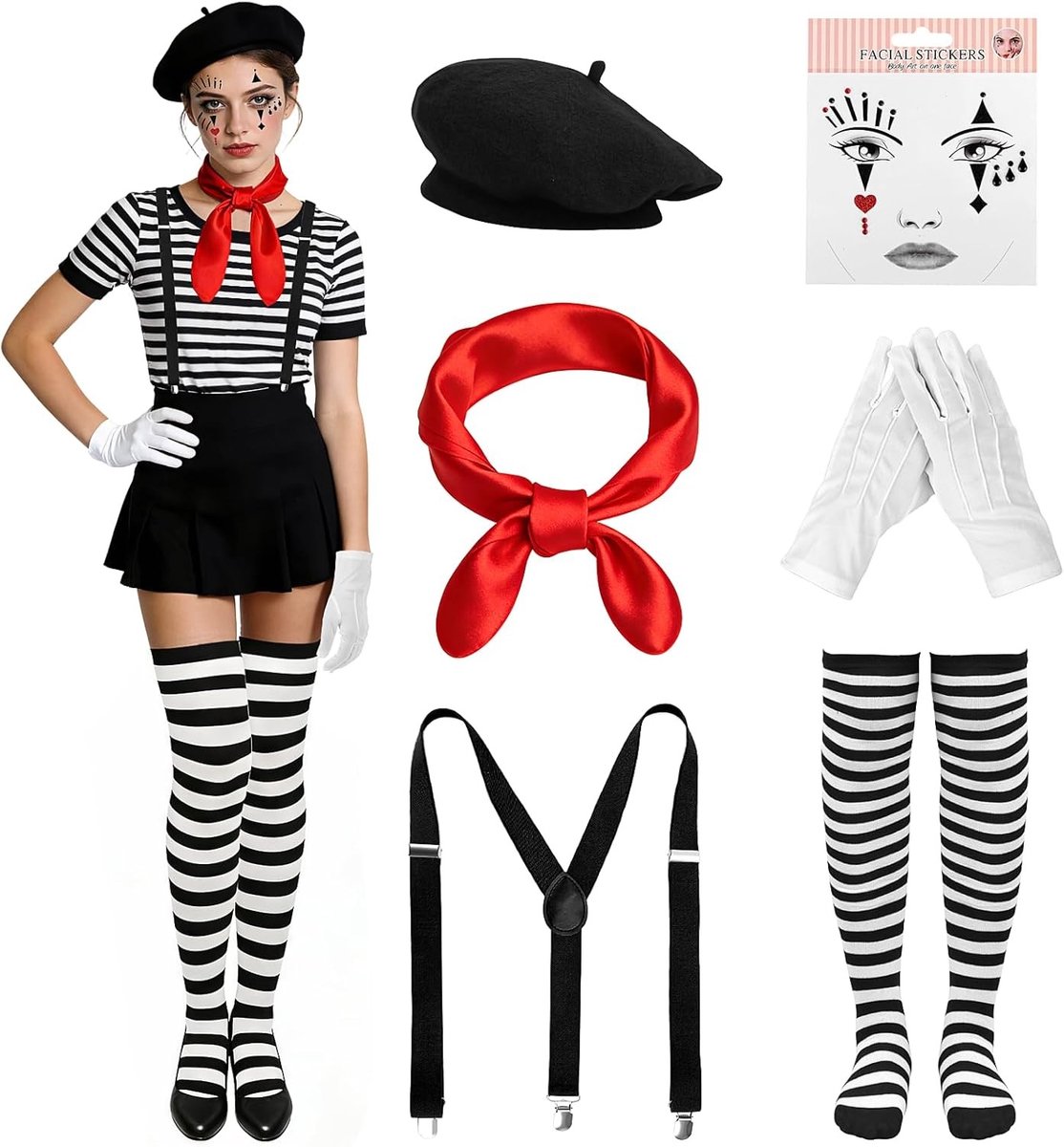 Carnaval Pantomime Kostuum voor Vrouwen - Set van 6 Accessoires met Hoed, Sjaal, Handschoenen en Gezichtsmasker voor Feestjes en Halloween