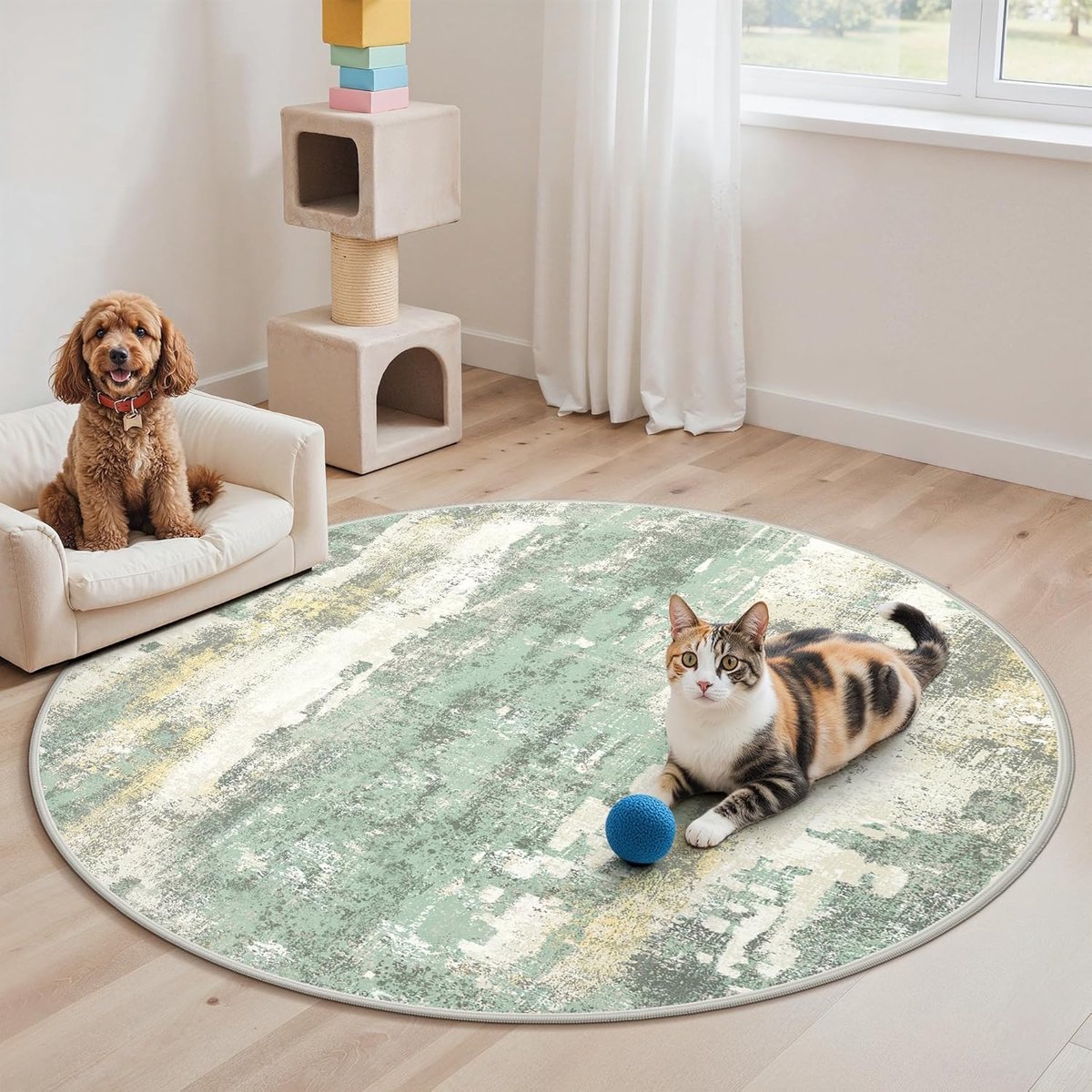 Thijox - Rond Wasbaar Tapijt 160 cm - Abstract Kortpolig Vloerkleed voor Woonkamer, Slaapkamer, Badkamer, Eetkamer - Antislip Groen Tapijt