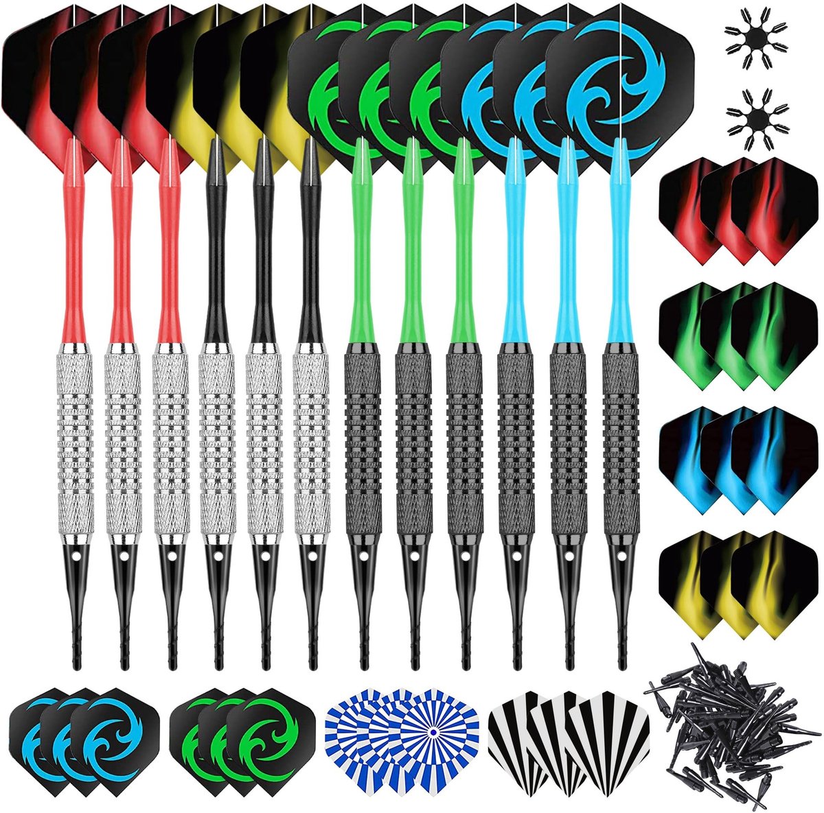 Dailygoods - 12 Stuks Zachte Dartpijlen Softdarts - Compleet met Accessoires
