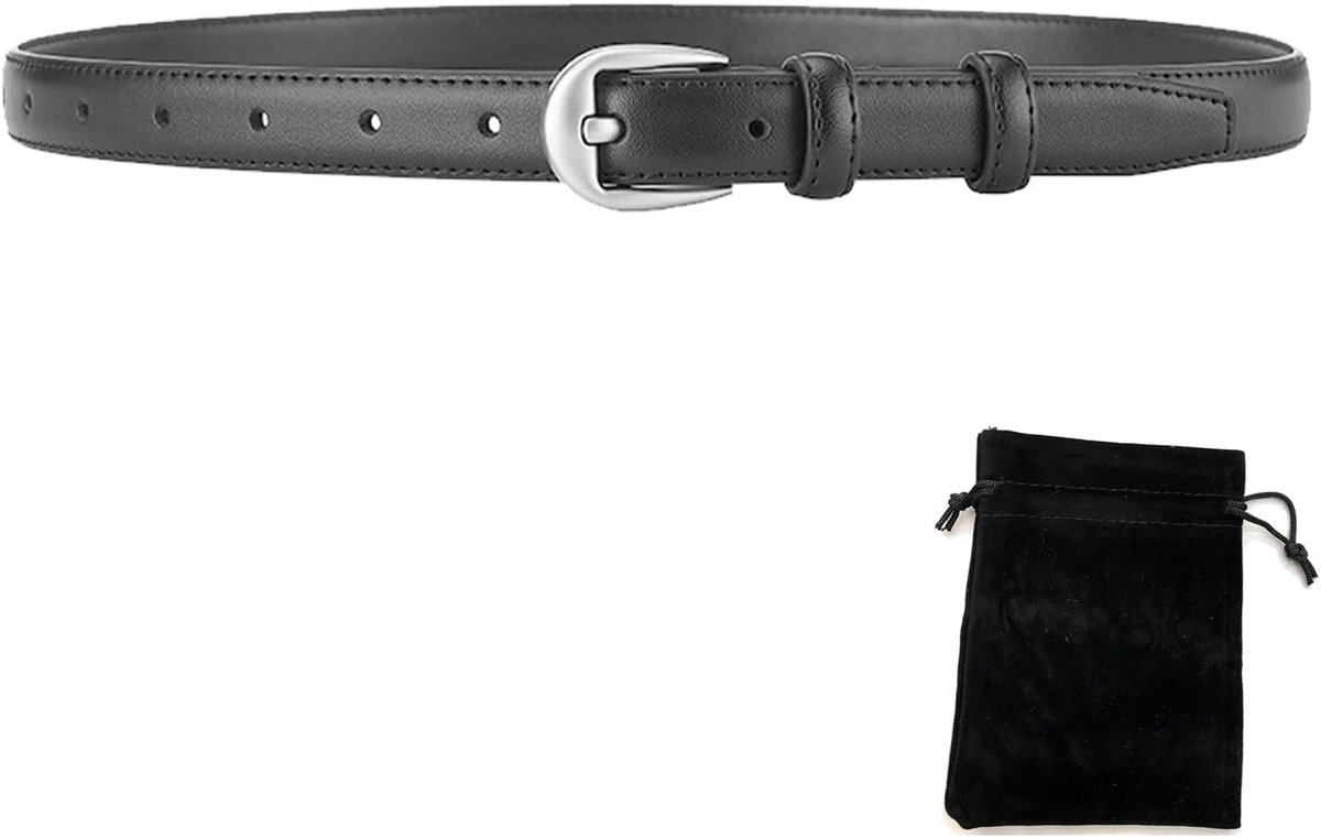 Damesriem Dun - Leren Riem - Skinny Riem - Geometrische Gesp - Fluwelen Etui - 110 cm x 1,8 cm