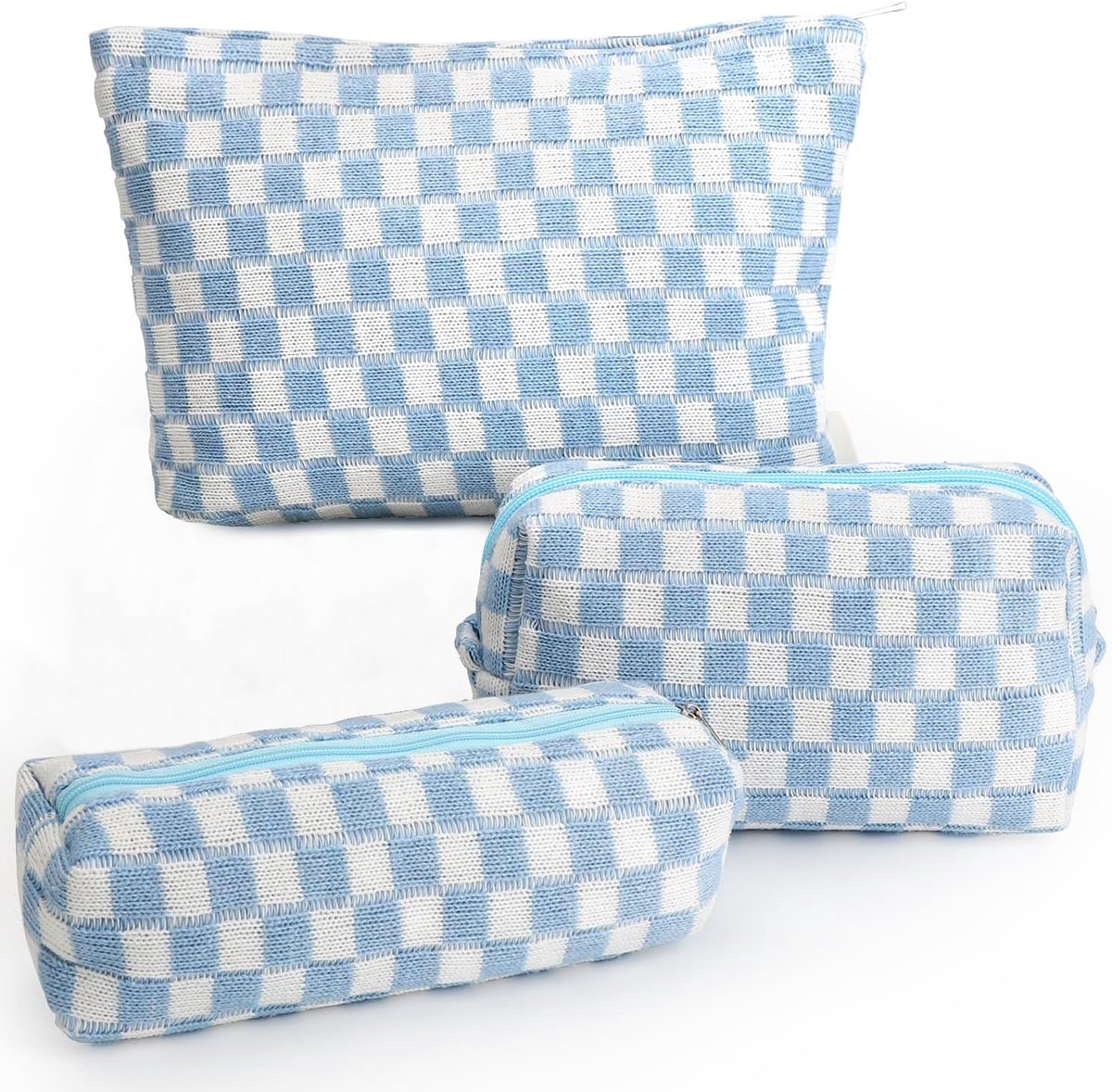 Makeup tas set van 3 - ruitpatroon - blauw-wit - grote capaciteit voor verzorgingsproducten - ShopVlot