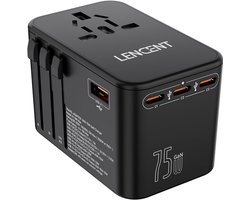Thijox - LENCENT 75W Reisadapter Wereldwijd - GaN3 Snellader Universele Reisstekker met 3 PD3.0 USB C en 2 QC USB - Internationale Stekker voor Telefo