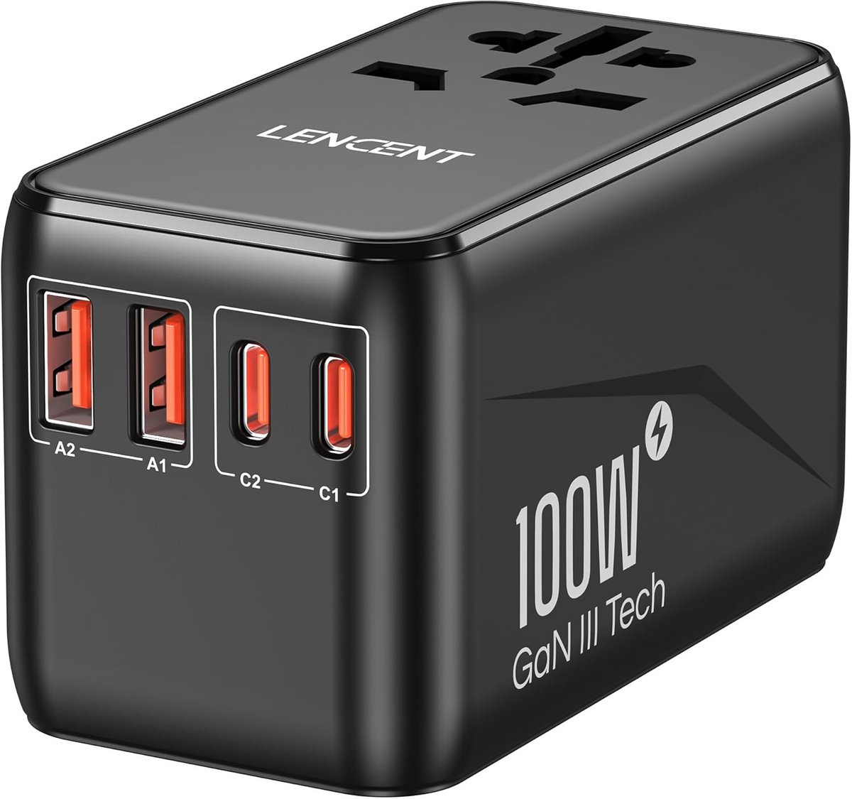 Thijox - LENCENT GAN3 100W Reisadapter Wereldwijd, Snel Opladen Universele Reisstekker met 2 PD 3.0 Type C & 2 QC4.0 USB, Internationale Adapter voor