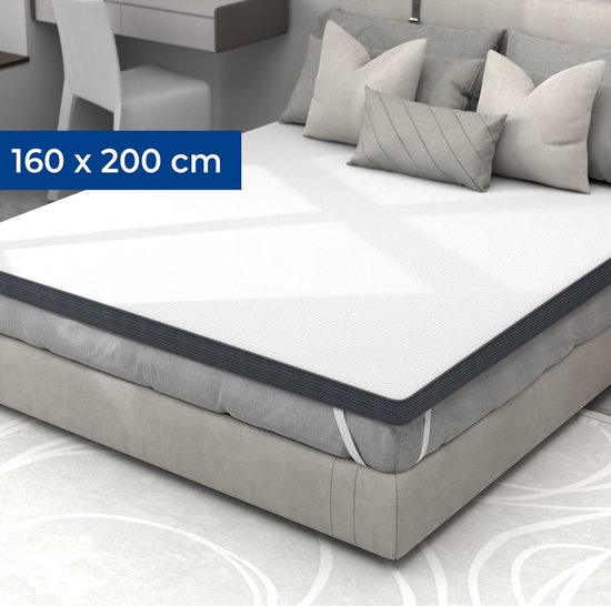 Un matelas de 160 x 200 cm sur un lit avec des coussins.
