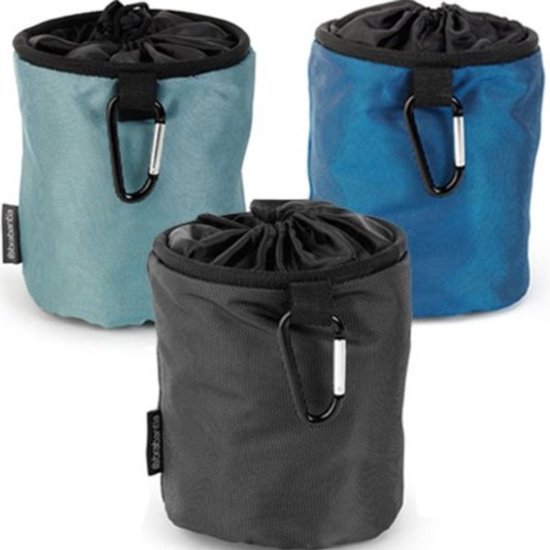 Drie Brabantia wasknijperzakjes in blauw, groen en zwart, met karabijnhaak.