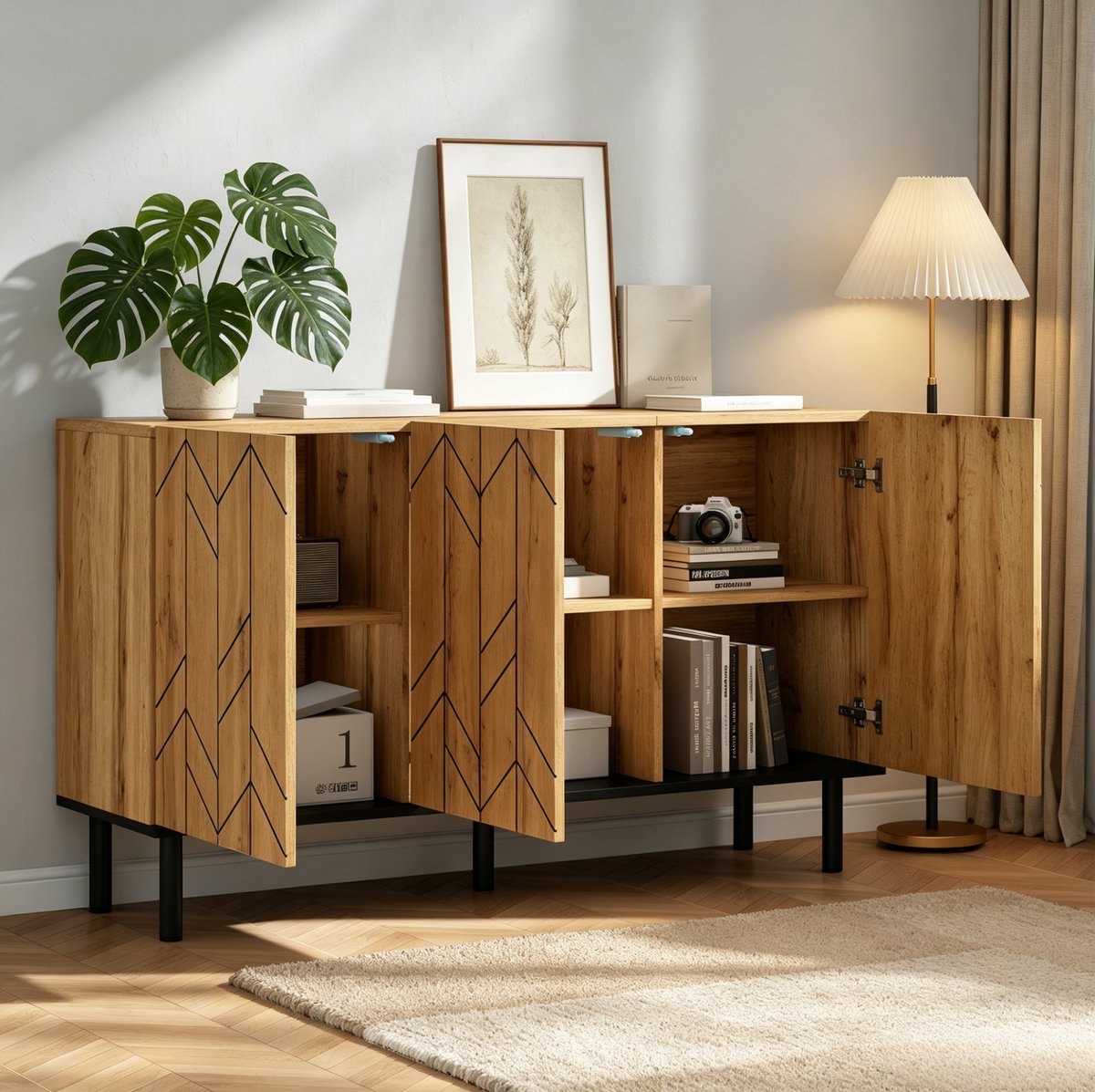 MIVRAY Dressoir - Modern Sideboard Met 3 Deuren En Golfpatroon - Voor Woonkamer Eetkamer Hal Of Slaapkamer - Spaanplaat - 120x35x70 Cm - Naturel