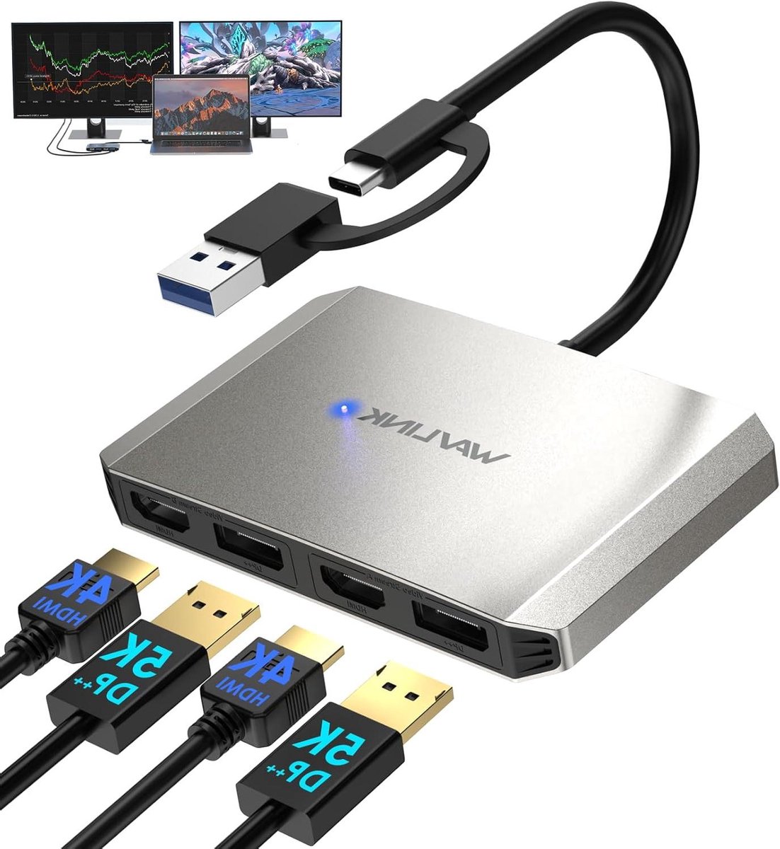 Monitor Hub Adapter - Dubbele Scherm Adapter - Werk Efficiëntie Verhogen - Dual 5K 60Hz - 4 Poorten - Zilver
