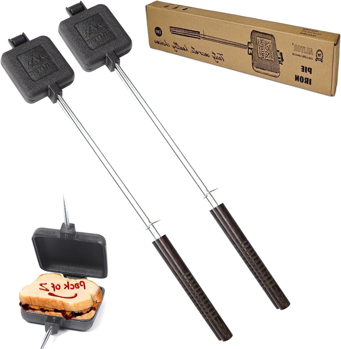 Gietijzeren Pie Cooker - Sandwich Maker - Buiten Koken - Extra Lange Handgrepen - 2 Stuks - Zwart