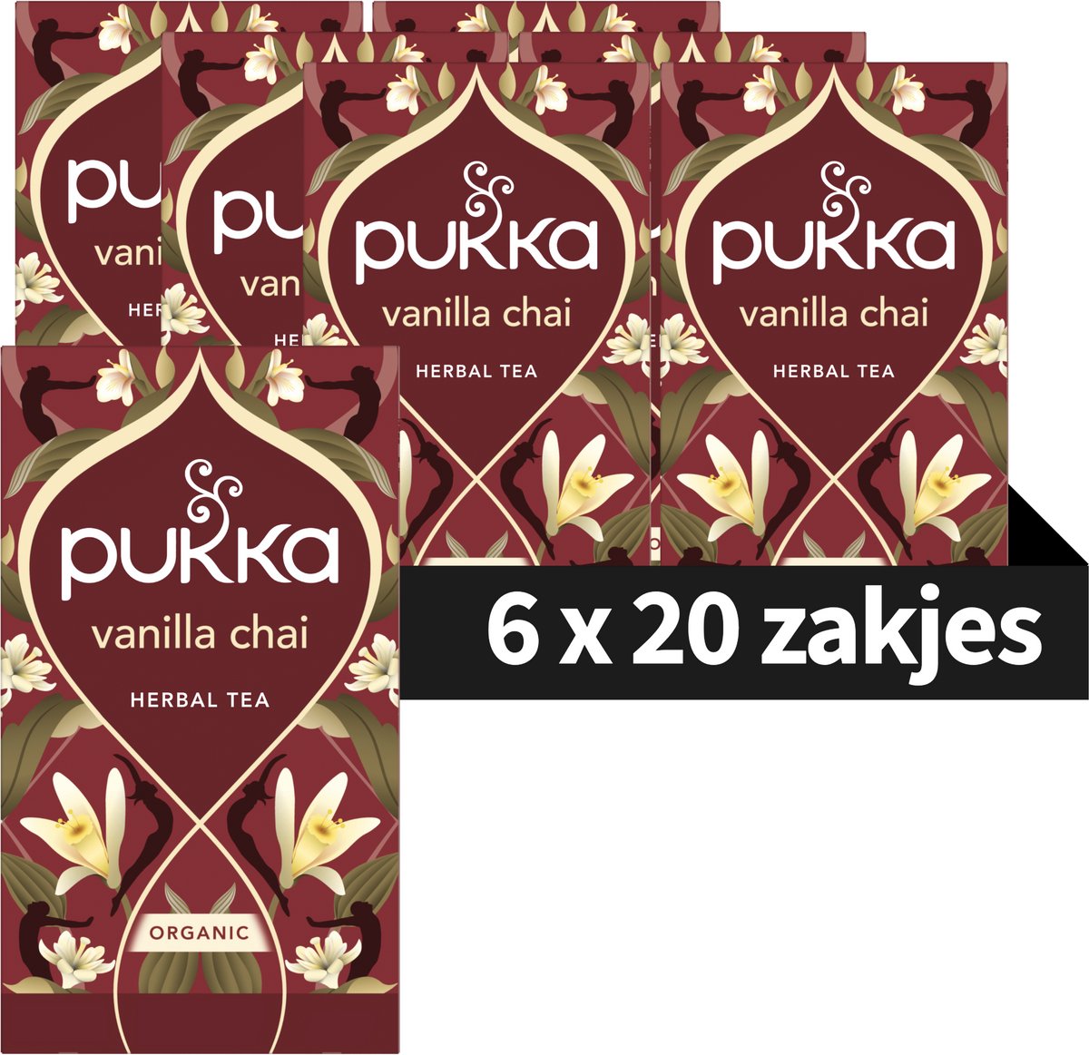 Pukka Tea Vanilla Chai - 120 Theezakjes - Biologische Kruidenthee - Kaneel, Kardemom & Gember - 6 x 20 zakjes - Thee Voordeelverpakking