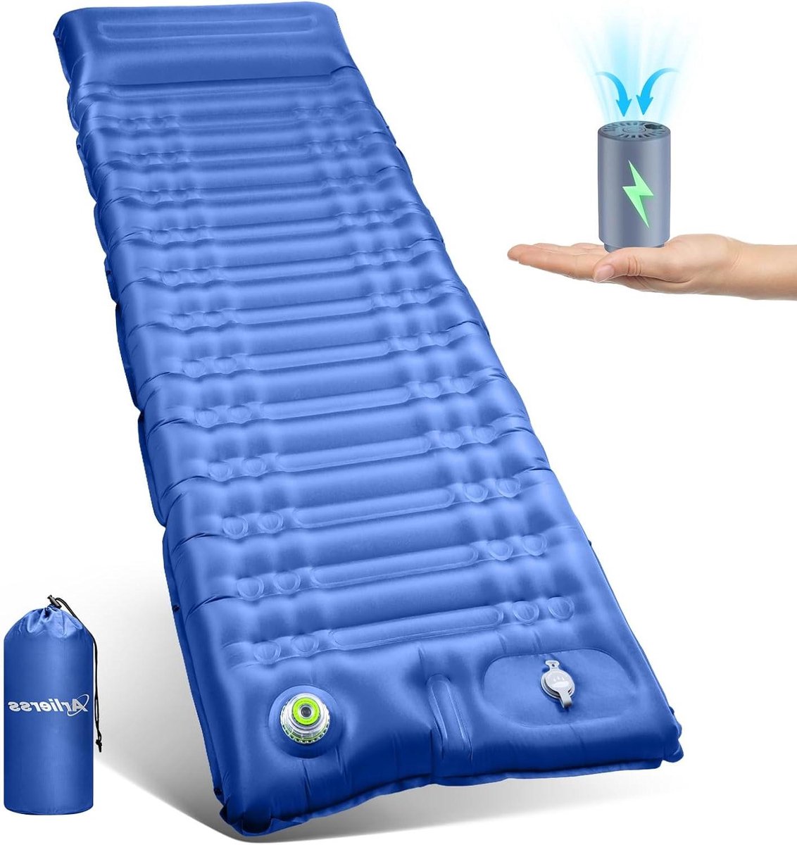 Elektrische Slaapmat - Opblaasbaar Matras - Kamperen en Wandelen - Automatisch Opblazen - 12 cm Dik - Legergroen Blauw