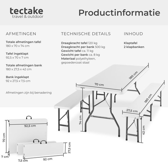 tectake® Campingtafel Set - Vouwtafel met Banken - 8 Personen - 180 cm - Inklapbare Picknicktafel - Klaptafel - Weerbestendig - Tuintafel - Biertafel - Wit van TecTake — afbeelding 5
