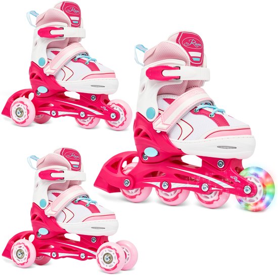Drie weergaven van roze verstelbare 3-in-1 skates met LED wiel.