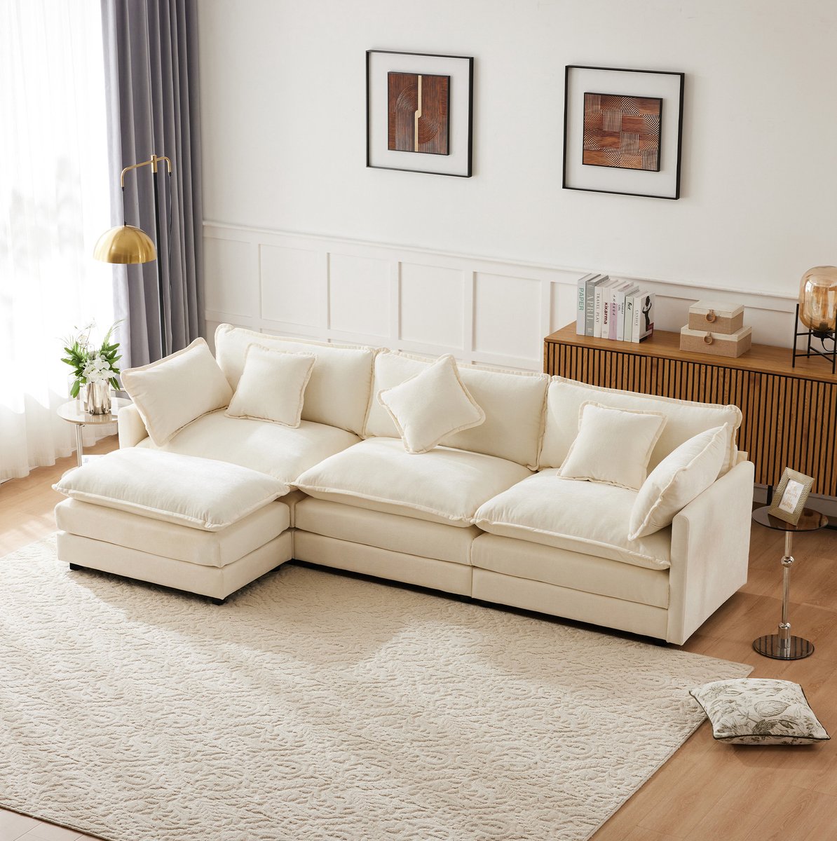 FloraGrace Hoekbank 283 x 147 x 84 cm - 3-Zits Sofa Met Verplaatsbare Voetenbank En L-Vormige Opstelling - Woonkamer En Slaapkamer - Chenille - Beige