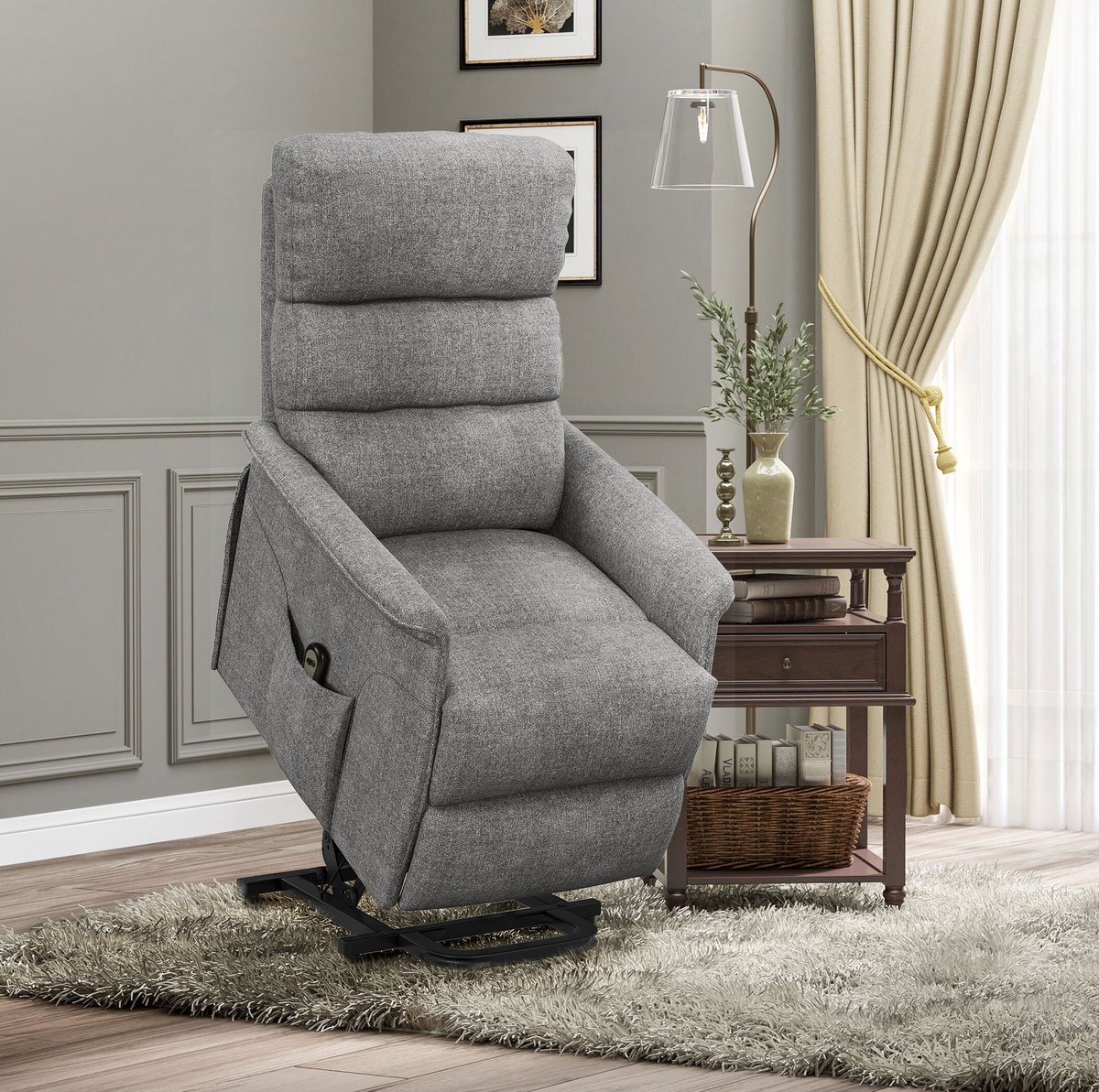 MEUNIQ elektrische relaxfauteuil met sta-op functie en ligfunctie, verstelbare rugleuning tot 135°, verstelbare voetensteun, zijvak en afstandsbediening, grijs