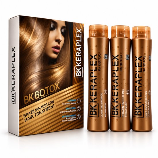 BK Keraplex BK Botox Braziliaanse Keratine Haar Behandeling doos met drie bronzen flessen.