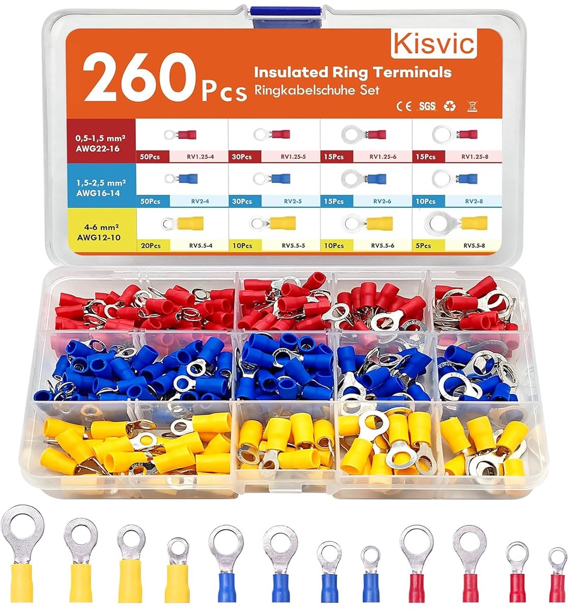 Ring kabelogen set 260 stuks - zilverplaat koper - 12 maten - veelzijdige aansluitingen - SnelShoppen