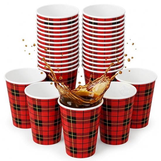 KURTT - 2500x Koffiebekers To Go - 7oz/180ml - Schotse Ruit - Dubbelwand Stevige Bekers - goedkopedisposable.nl