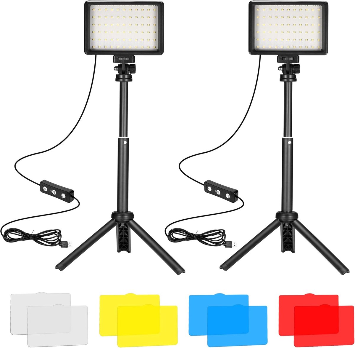 Thijox - Led-videolamp set van 2, dimbaar 5600K, USB oplaadbaar, mini-statief en kleurfilters voor fotografie en video-opnames, ideaal voor fotostudio
