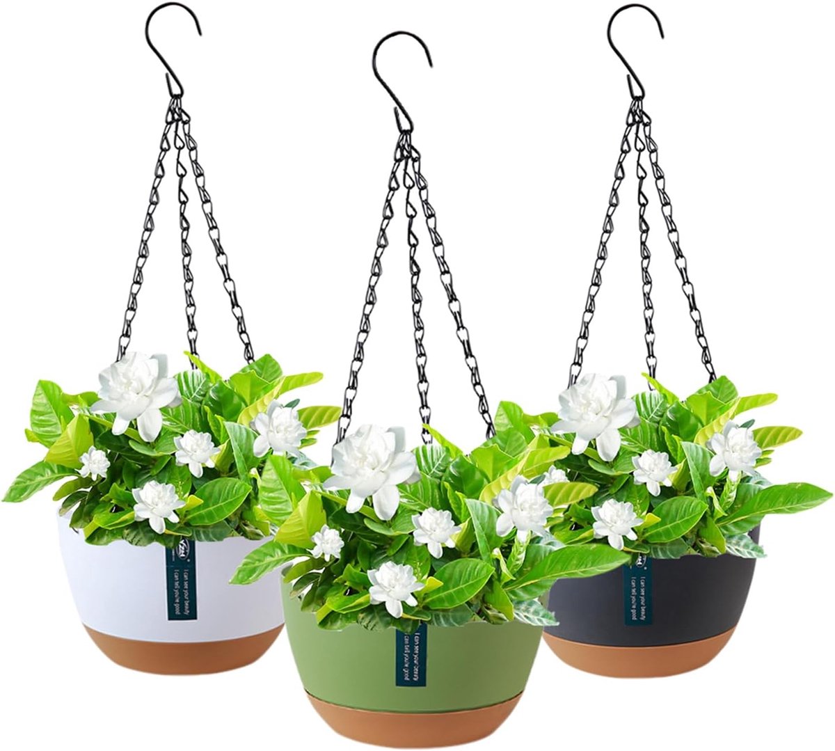 SnelShoppen - 3 Stuks Hangende Bloempotten met Metalen Kettinghaak - Plastic Bloempot voor Binnen en Buiten - Verwijderbare Hangpotten voor Tuin en Wa