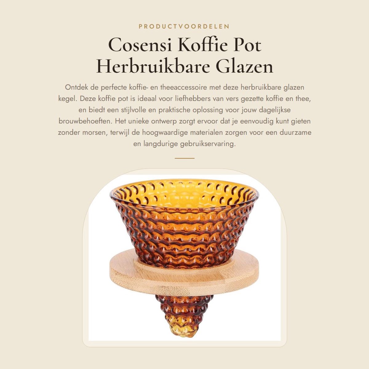 Dailygoods- Koffiedruppelaar Herbruikbaar - Koffiefilter - Glazen Trechter - Houten Basis - 9,5x9,2cm - 200g