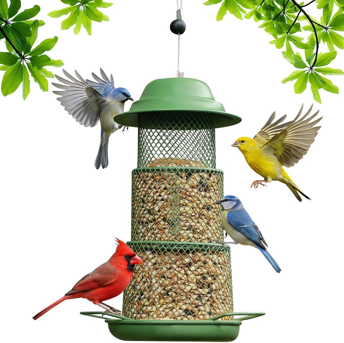 Thijox - Vogelvoederhuis Hangend Metalen Voederdispenser Eekhoornbestendig 360° Voederbak voor Tuin en Balkon Groen