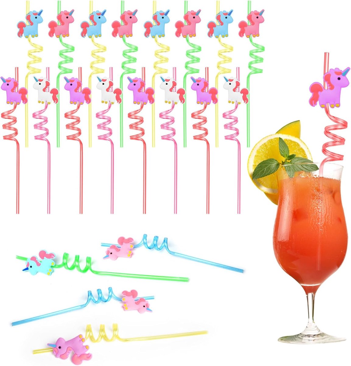 Thijox - Herbruikbare Plastic Rietjes 16-pack - Unicorn Krullende Rietjes voor Verjaardagsfeest, Zomer Hawaii en Kerstdecoratie