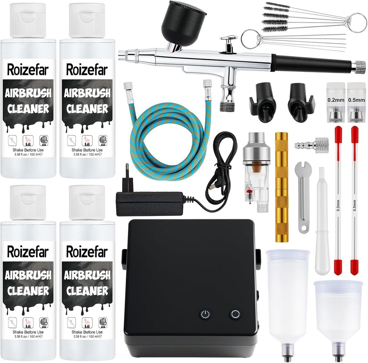 Thijox - Airbrush-set met compressor 55 psi, verstoppingsvrij double-action airbrushpistool, 4 x 100 ml reiniger, 0,2/0,3/0,5 mm sproeiers, ideaal voo