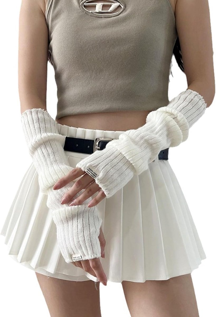 Armwarmers L - Witte gebreide vingerloze handschoenen - Comfortabel en warm - Ideaal voor de winter - SnelShoppen