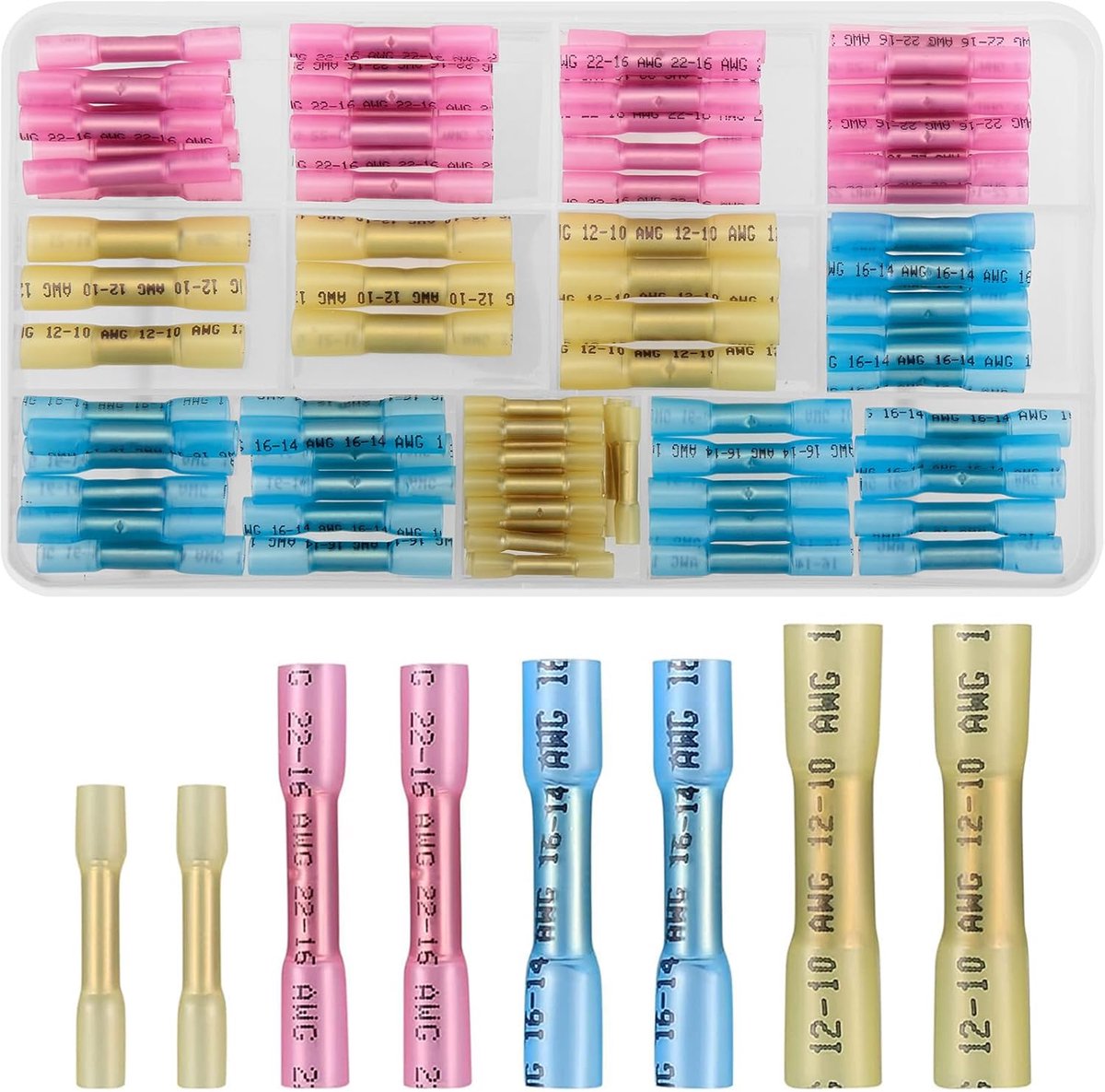 Krimpverbinders assortiment - 100 stuks, waterdicht, geschikt voor 10-26 AWG - kabelverbinders in geel, roze, blauw