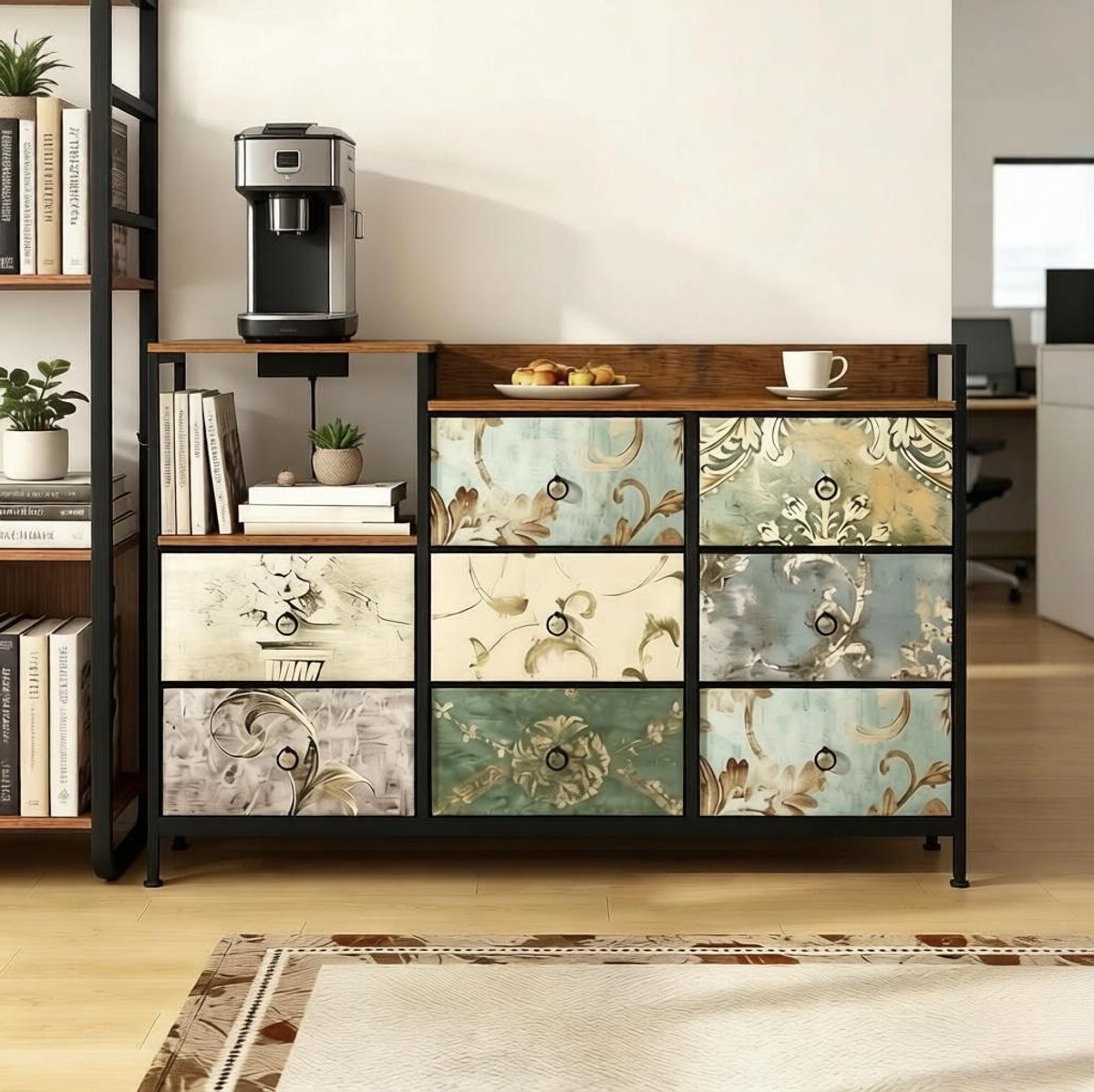 FloraGrace Dressoir - Vintage Opbergkast Met 8 Lades En Laadfunctie - Voor Hal Woonkamer En Slaapkamer - Metaal Hout Multicolor - 132x29x88 Cm