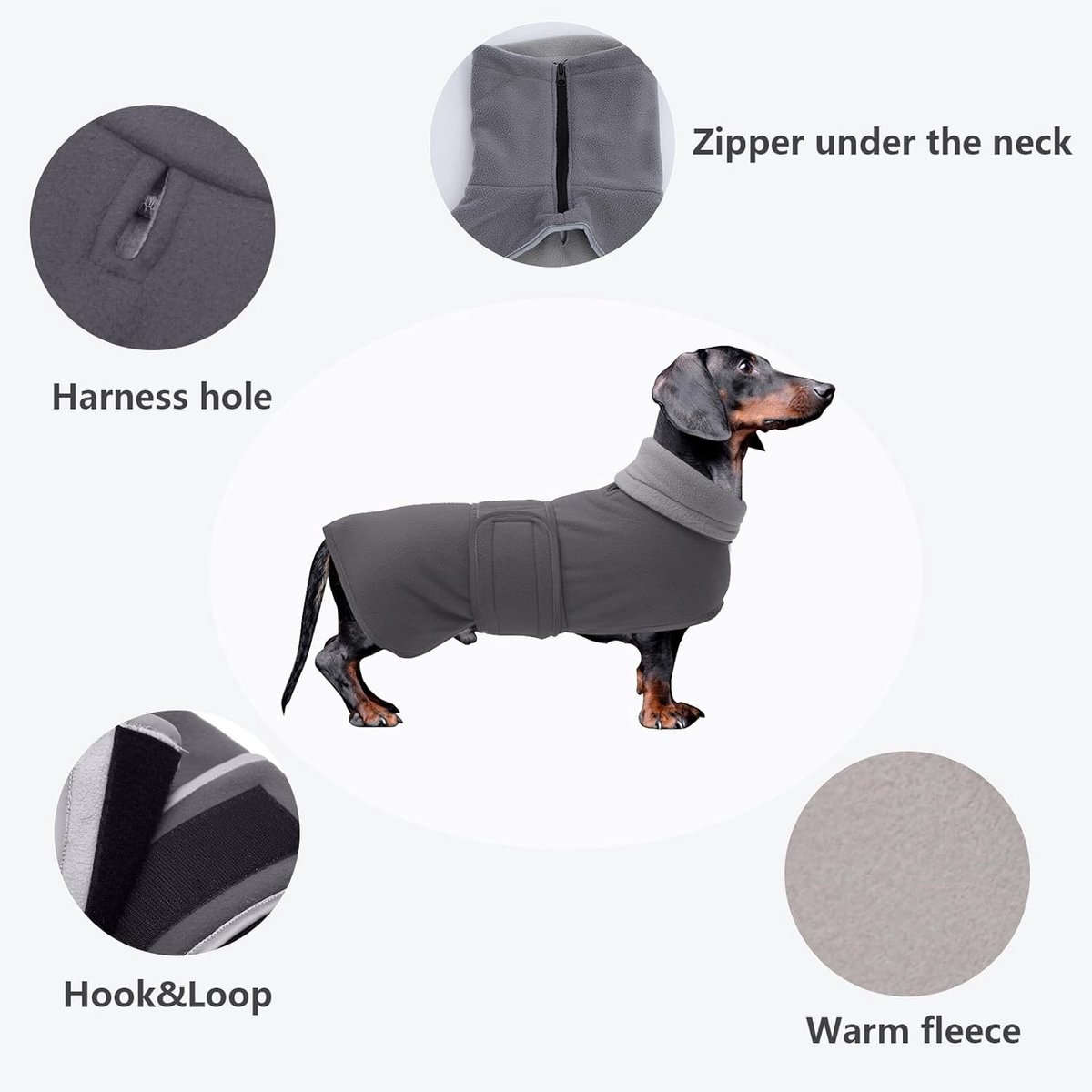Hondenjas voor Teckels, Winterjas met Gevoerde Fleece Voering en Hoge Kraag, Verstelbare Snowsuit voor Koude Dagen - Grijs - M
