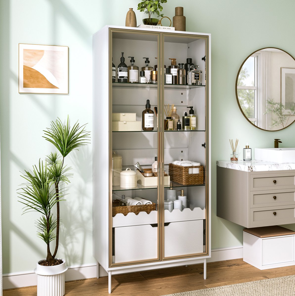 FloraGrace Hoge Kast - Met Glasdeuren En Verstelbare Glazen Planken - Met Lade Voor Woonkamer En Hal - MDF - 75x35x170,8 Cm - Wit Goud