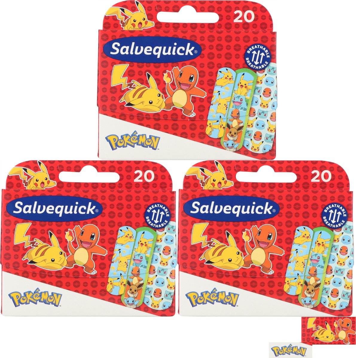 Salvequick Pokémon Kinderpleisters - 3 x 20 stuks - Hypoallergeen en Waterbestendig - Wondverzorging voor Kinderen