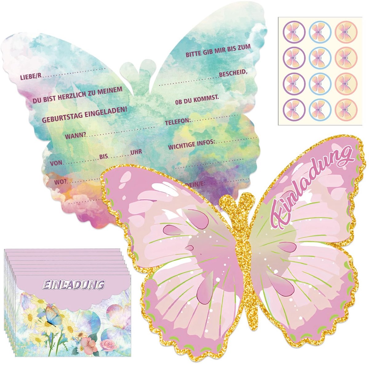 Dailygoods- Uitnodigingskaarten 12 Stuks - Flutter Ontwerp - Feestuitnodiging - Kinderverjaardag - Vlinder Thema - Hoogwaardig Karton - Feestuitnodigingen