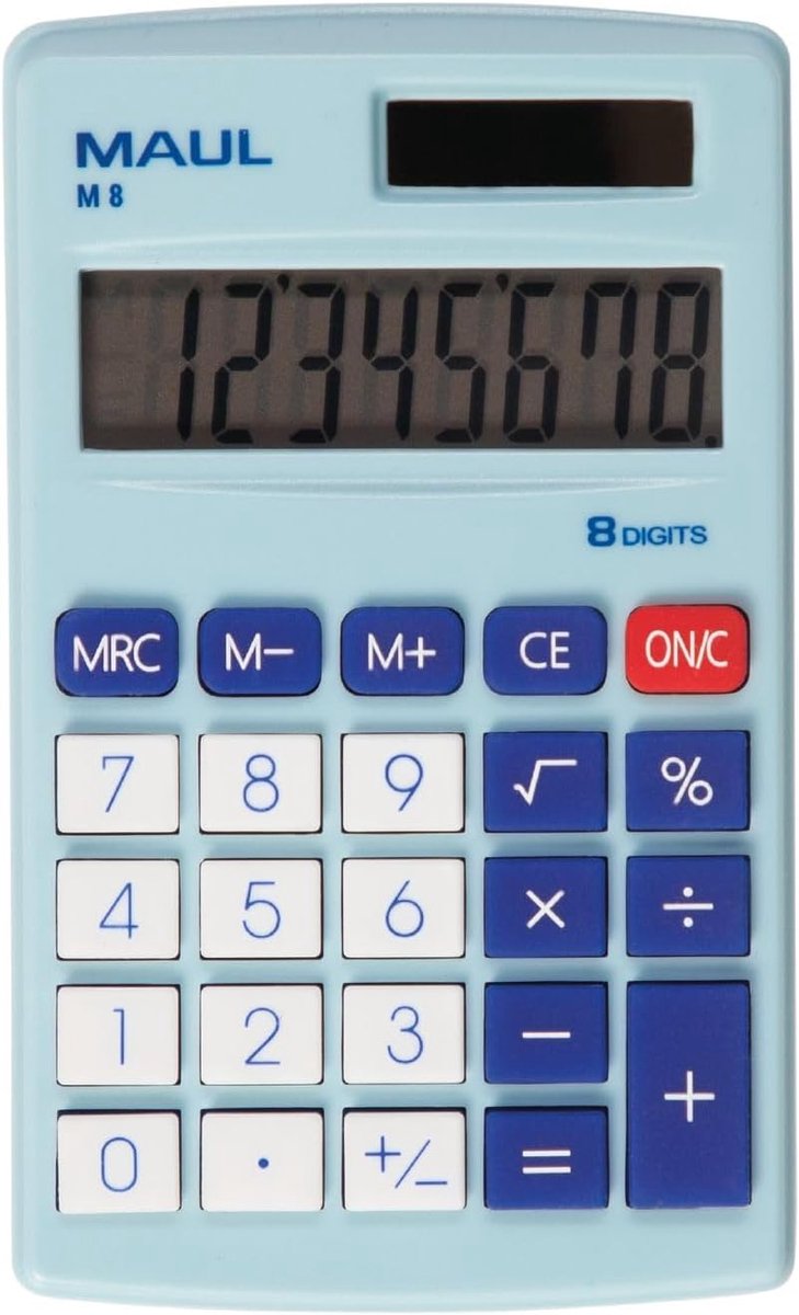 Thijox - MAUL Calculator M8 met Groot Display, 8 Cijfers, Kantoor, Thuis, School, Kleurige Functietoetsen, Zonne- en Batterijvoeding, Blauw