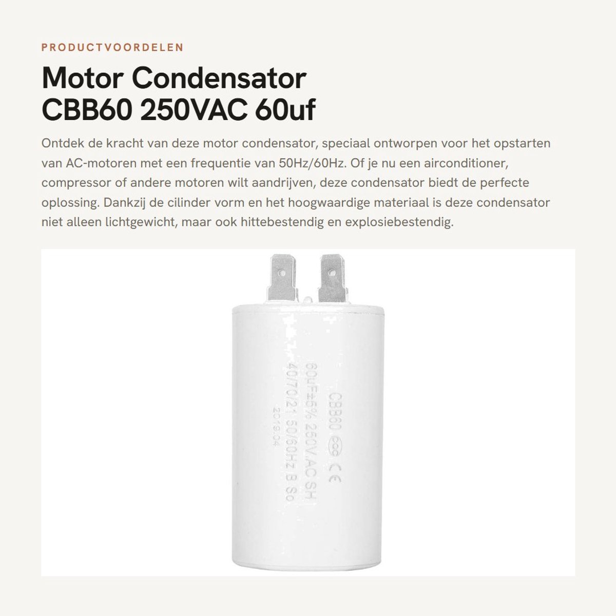 Dailygoods- Condensator 250VAC 60µF - Aanloopcondensator - Hittebestendig - Schokbestendig - Duurzaam - Betrouwbare isolatieprestaties - Motorcapacitor