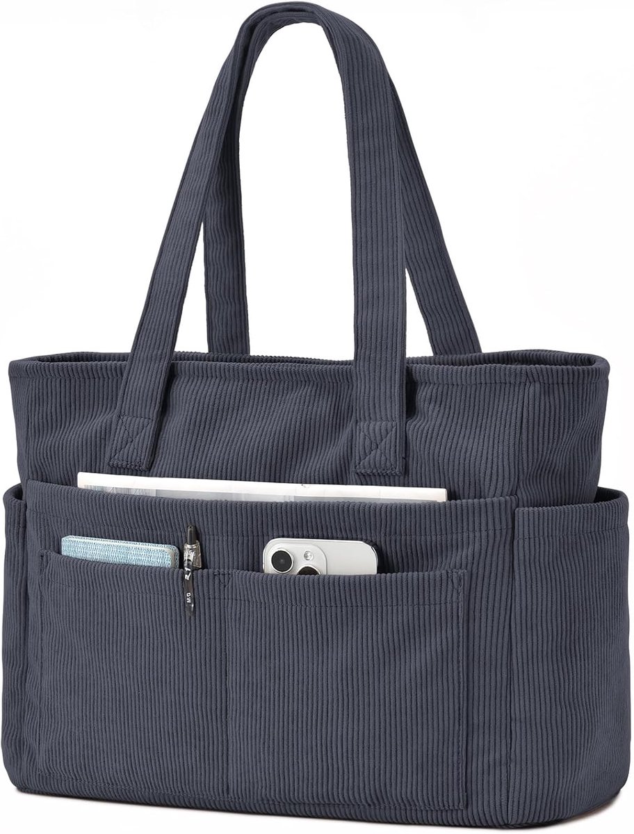 Thijox - Corduroy Tas voor Dames, Grote Shopper met 13 Vakken, Laptopvak en Ritssluiting, Opvouwbare Schoudertas, Tote Bag voor School, Werk en Reizen