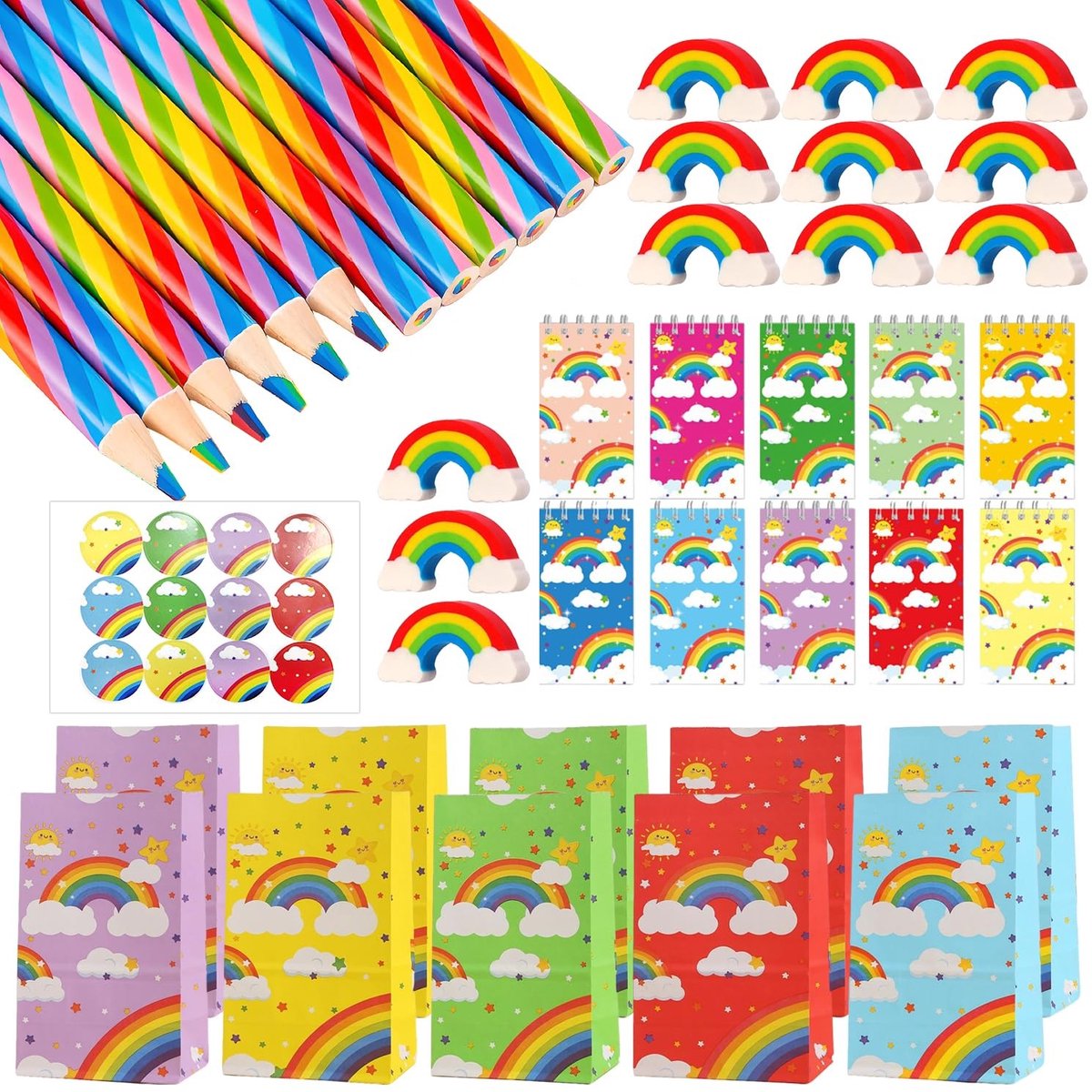 Dailygoods- Regenboogthemaset 45 Stuks - 12 Veelkleurige Regenboogstiften - Notitieboeken - Gummetjes - Papieren Zakjes - Kleurrijk en Creatief - Schrijfwarenset