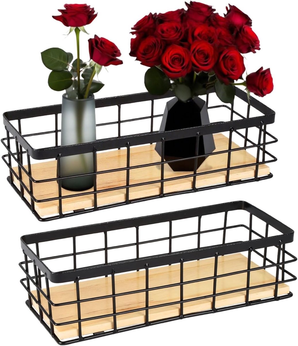 Set van 2 Draadmanden met Houten Handvat, Metalen Opbergmand voor Keuken, Badkamer en Kantoor, Industrieel Ontwerp voor Plank, Eetkamer en Lade, Organizer, Opbergoplossing, Zwart
