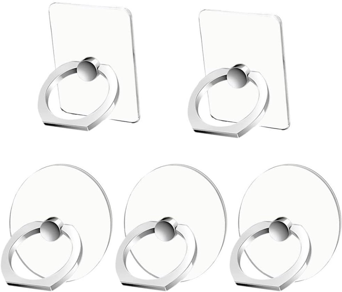 Mobiele Telefoon Ring Houder Stand - 5 Stuks, Zilver en Transparant, 360° Rotatie, Geschikt voor Smartphones en Tablets, Handige Vinger Grip
