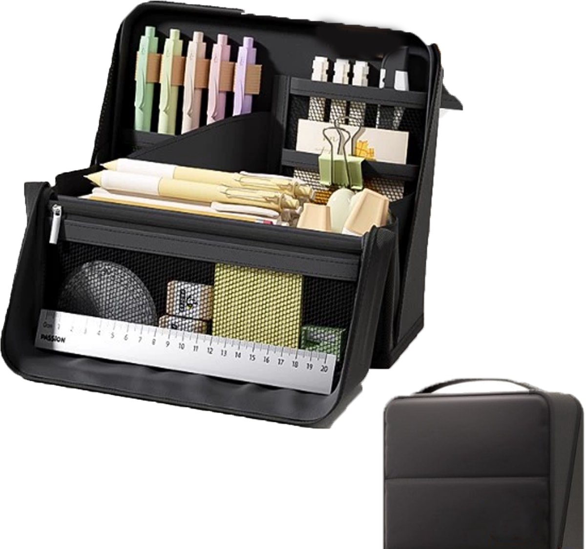 KZQ Multifunctionele stationery etui met grote capaciteit - Gelaagde organizer met meerdere vakken - Potloodtas voor student en kantoor - Zwart
