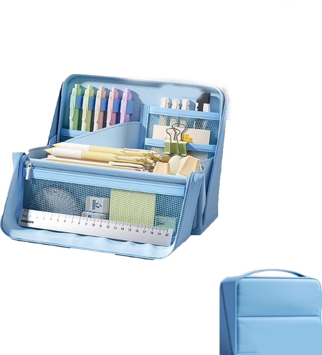 KZQ Multifunctionele stationery etui met grote capaciteit - Gelaagde organizer met meerdere vakken - Potloodtas voor student en kantoor - Blauw