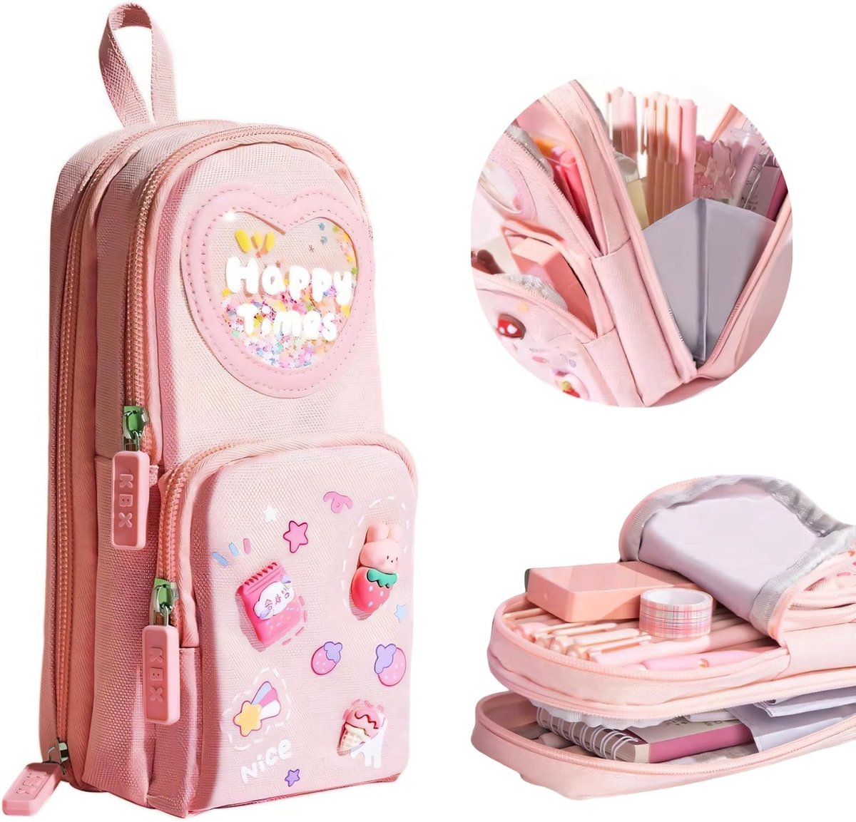 KZQ Grote kawaii potloodetui met 3 compartimenten - Schattige stationery organizer voor school kantoor en reizen - Perfect cadeau voor meisjes en kunstliefhebbers - Roze