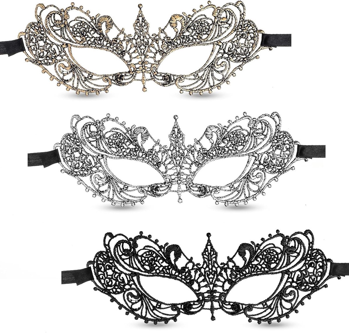 Set van 3 Venetiaanse Lacemaskers voor Halloween, Carnaval en Feestjes - Goud, Zilver, Zwart